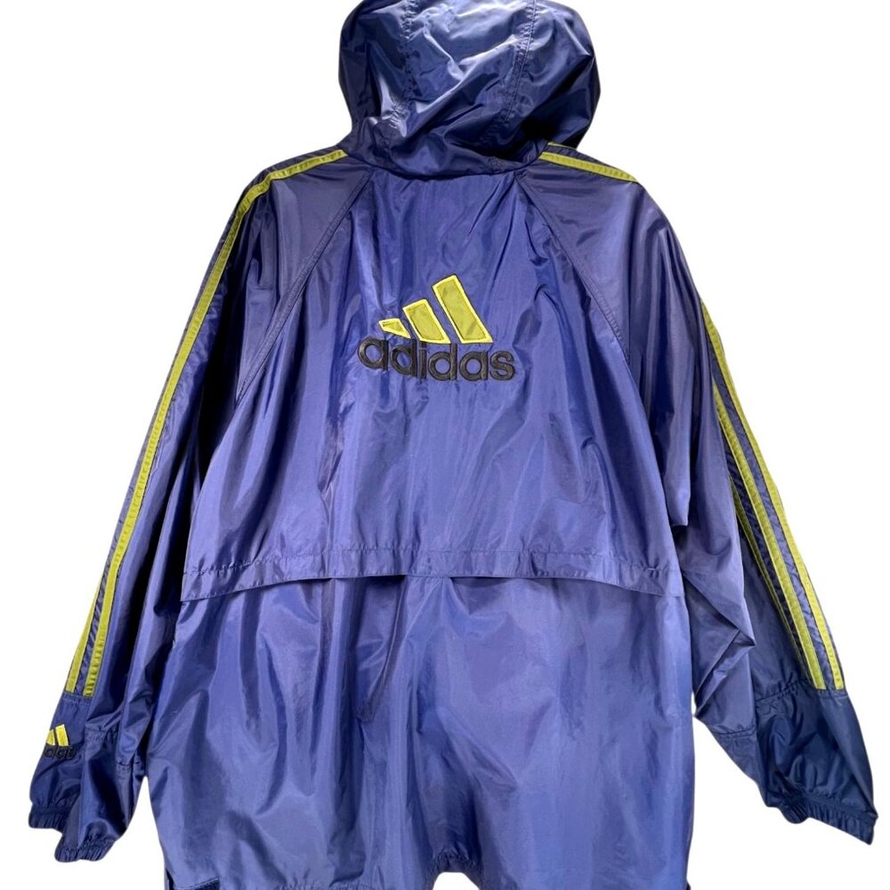 Adidas XL Blue Hooded Windbreaker Jacket Lime Green Stripes Vented Pockets Logo